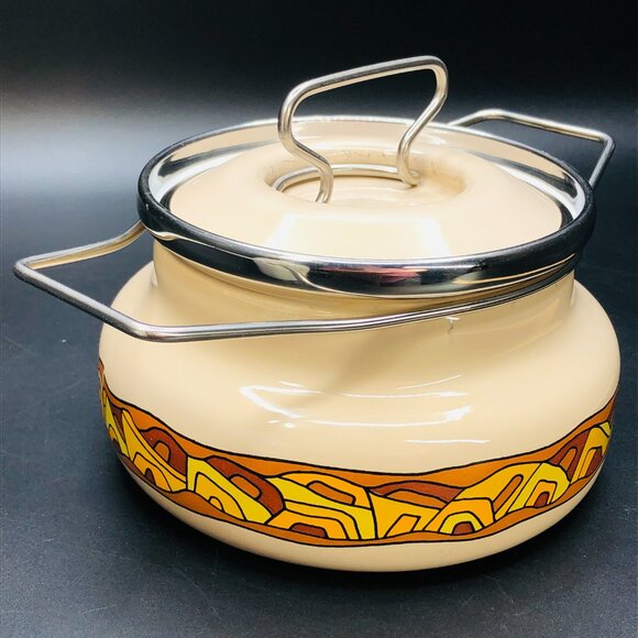 80s Siltal ITALY Beige Enamelware Fondue Pot with Lid by Designer O Cocini - Picture 3 of 10